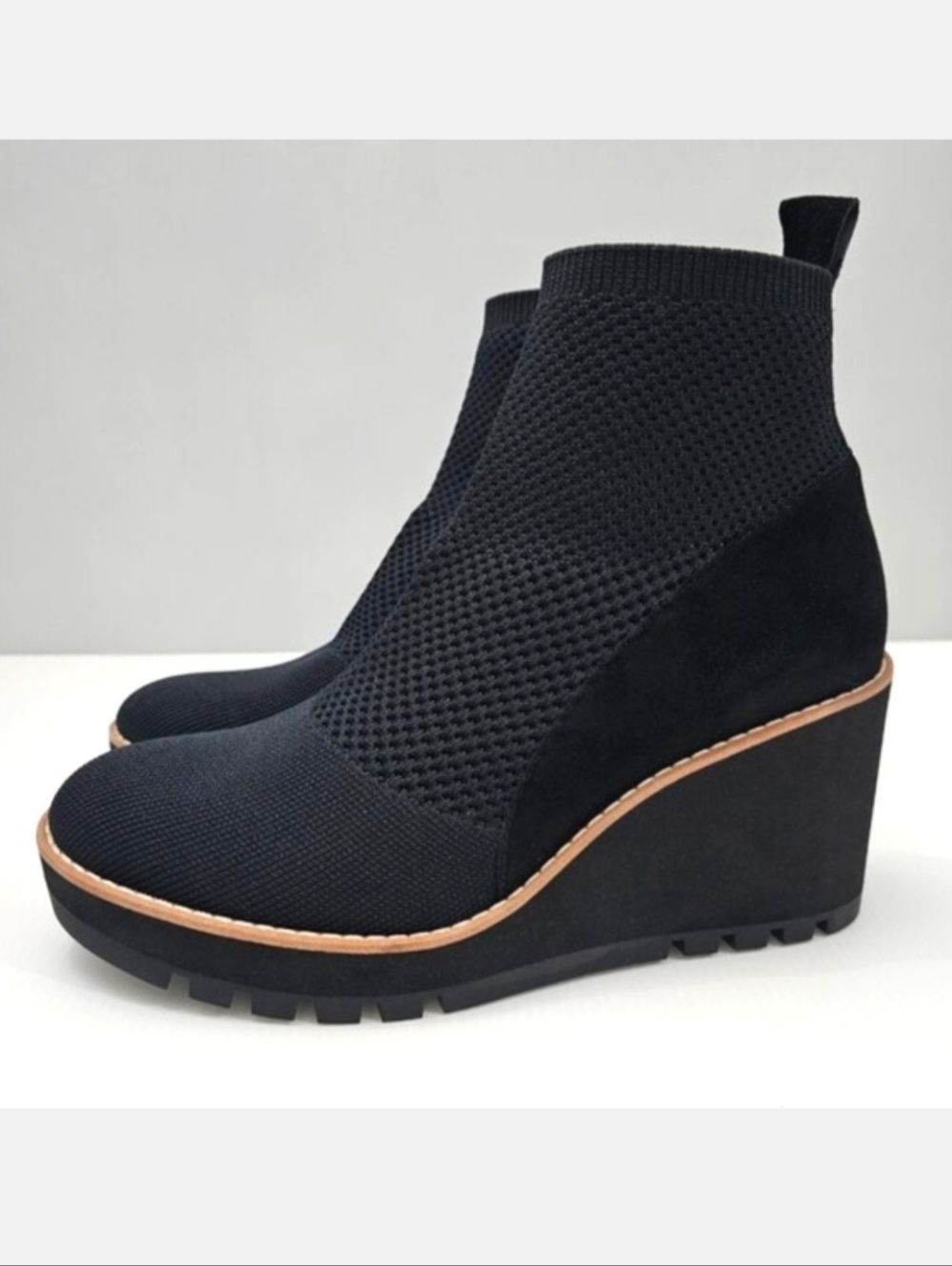 Eileen Fisher Quill Ankle Boot Womens 8.5 Black Knit Suede Wedge Platform NEW